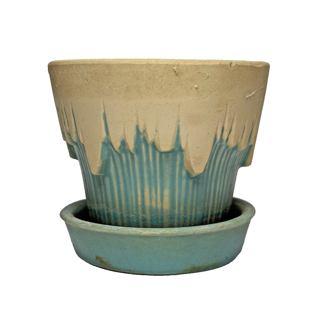McCoy Pottery Planter Snow Edge Ice Blue 115 Attached Saucer Vintage 4" USA Made